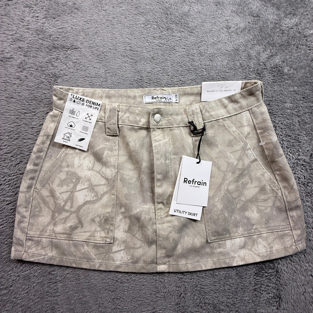 Refrain Utility Skirt Womens Size 9 Tan Camo NEW Denim Mini Skirt J4046